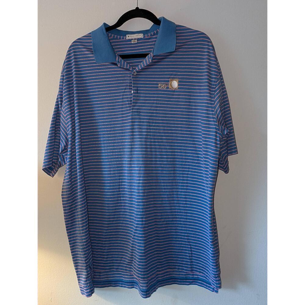 Peter Millar Mens Polo Shirt Large Blue Pink Stripe 50th Logo Golf